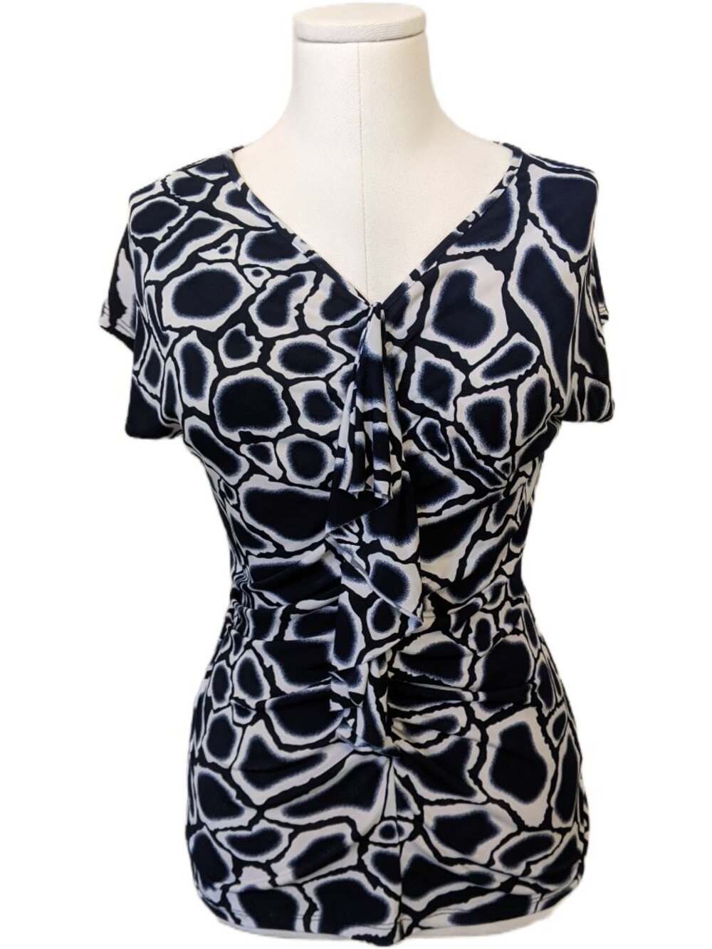 Vintage Y2K Cleo Navy Abstract Print Short Sleeve Top Ruffle Office Siren S